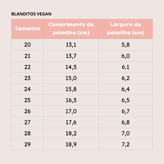 Tabela de tamanhos das Sapatilhas Blanditos, incluindo comprimento e largura da palmilha em cm.