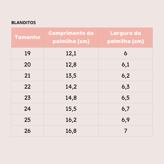 Tabela de tamanhos das sandálias Barefoot Blanditos com medidas de palmilha em cm