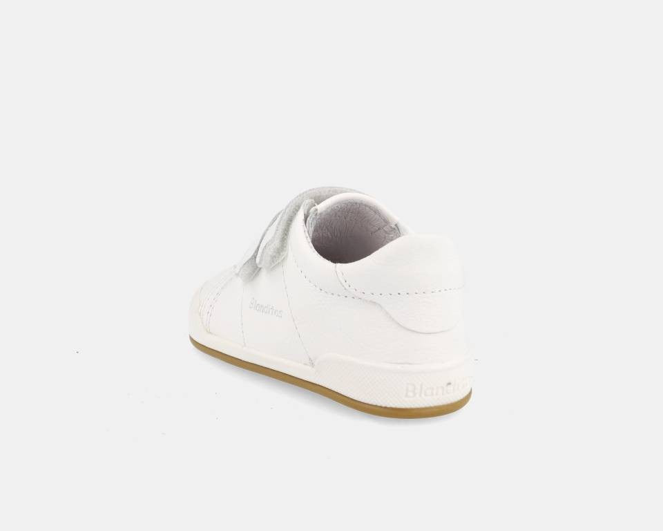 Sapatilhas Barefoot Blanditos Londres Branco, traseira em couro macio e respirável, design elegante e confortável.