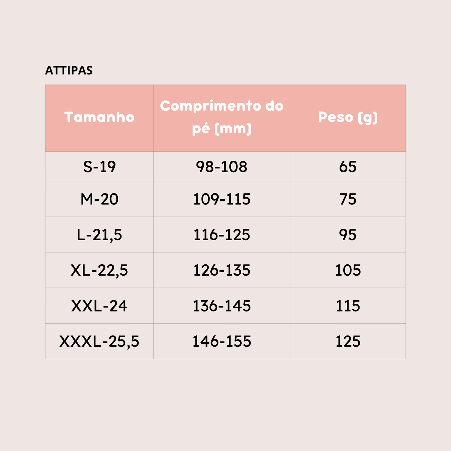 Tabela de tamanhos Attipas com medidas do pé e peso para calçado infantil.