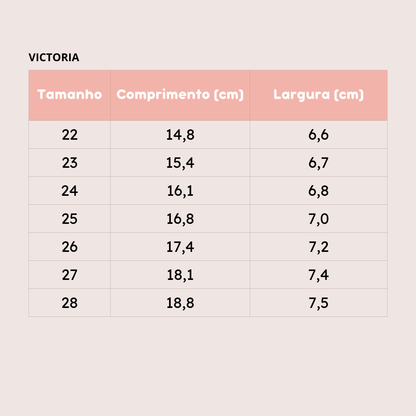 Tabela de tamanhos das Sapatilhas Oliver Branco da Victoria com medidas de comprimento e largura.